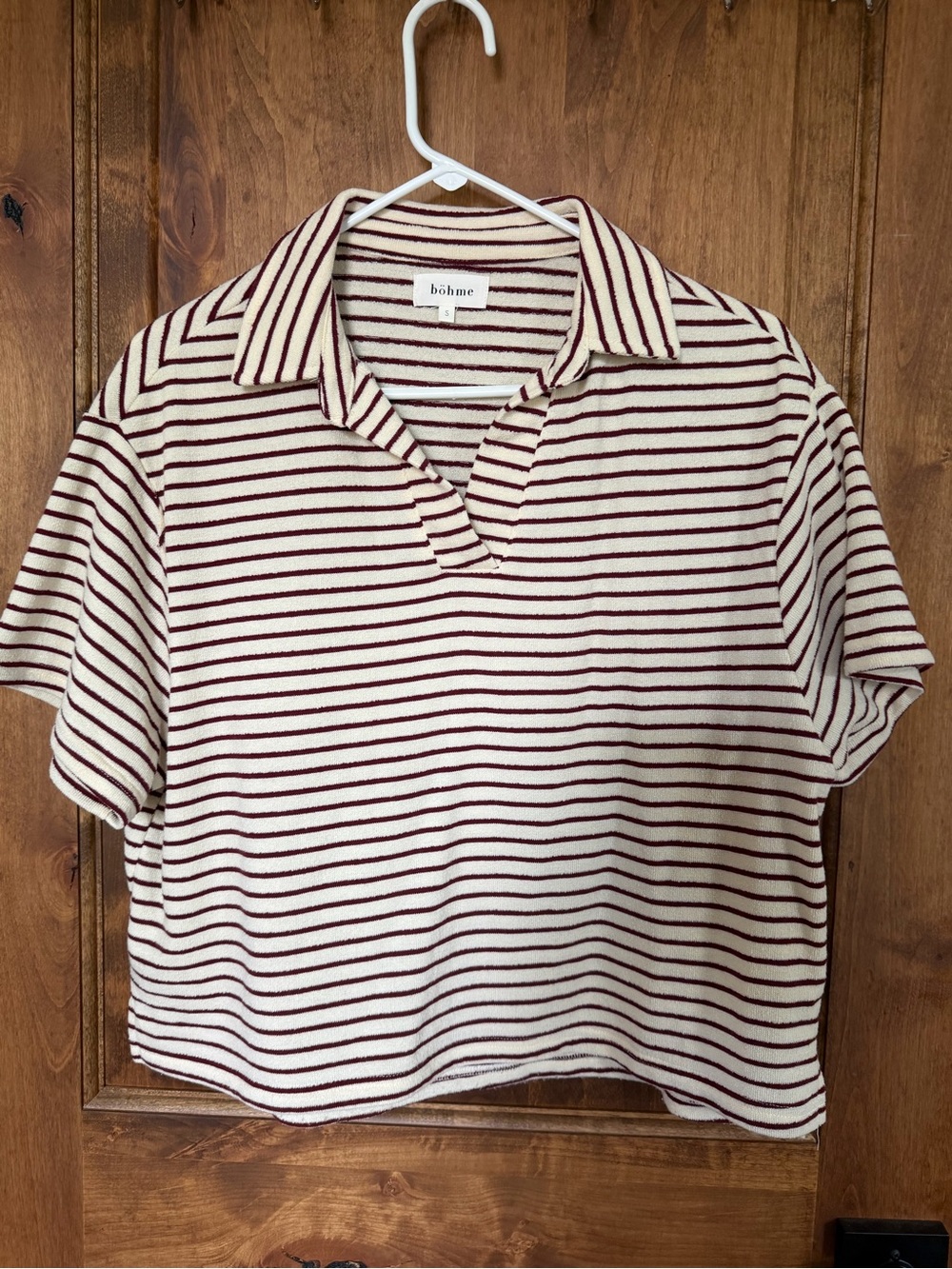 bohme Cream and Burgundy Striped Polo Tee